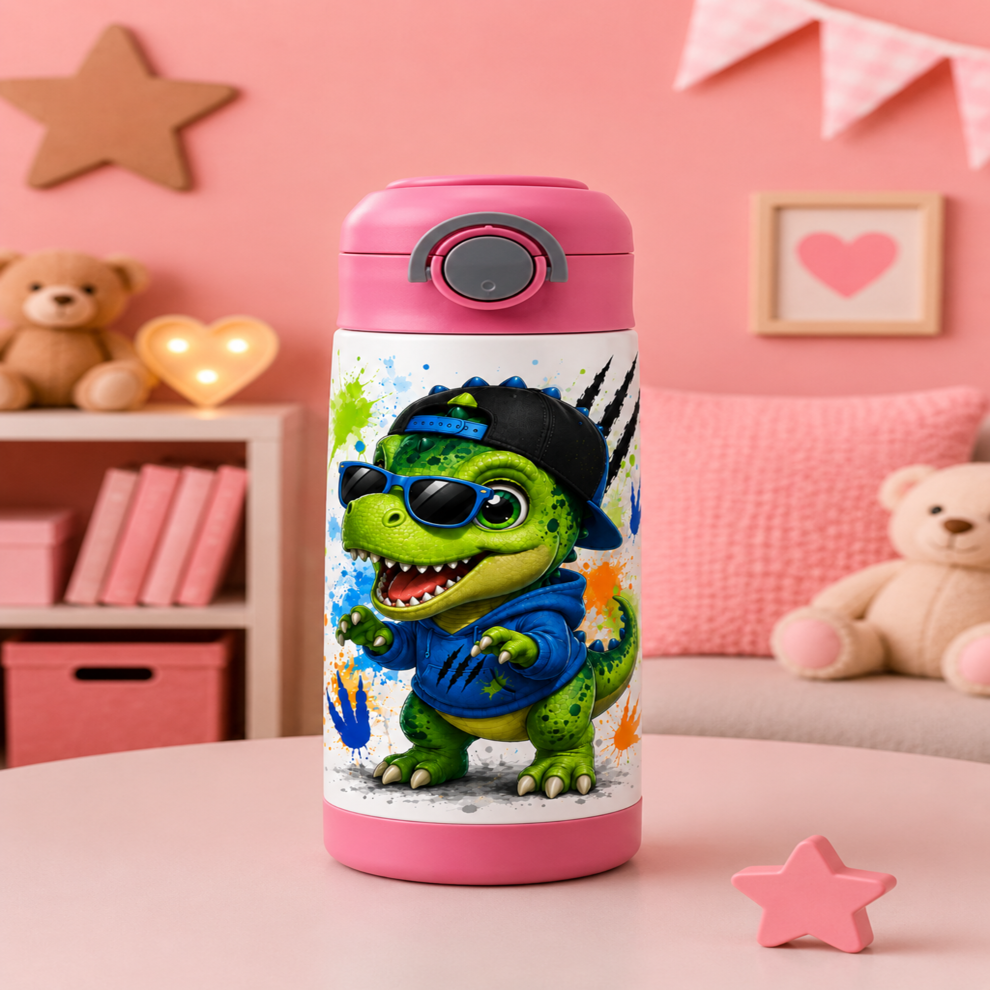 A pink and white insulated water bottle with a cartoon green dinosaur wearing sunglasses and a blue hoodie, set on a pink table in a decorated children's room.