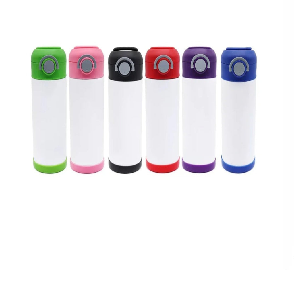 Six reusable insulated bottles with white bodies and colored caps and bases, shown in green, pink, black, red, purple, and blue on a white background.
