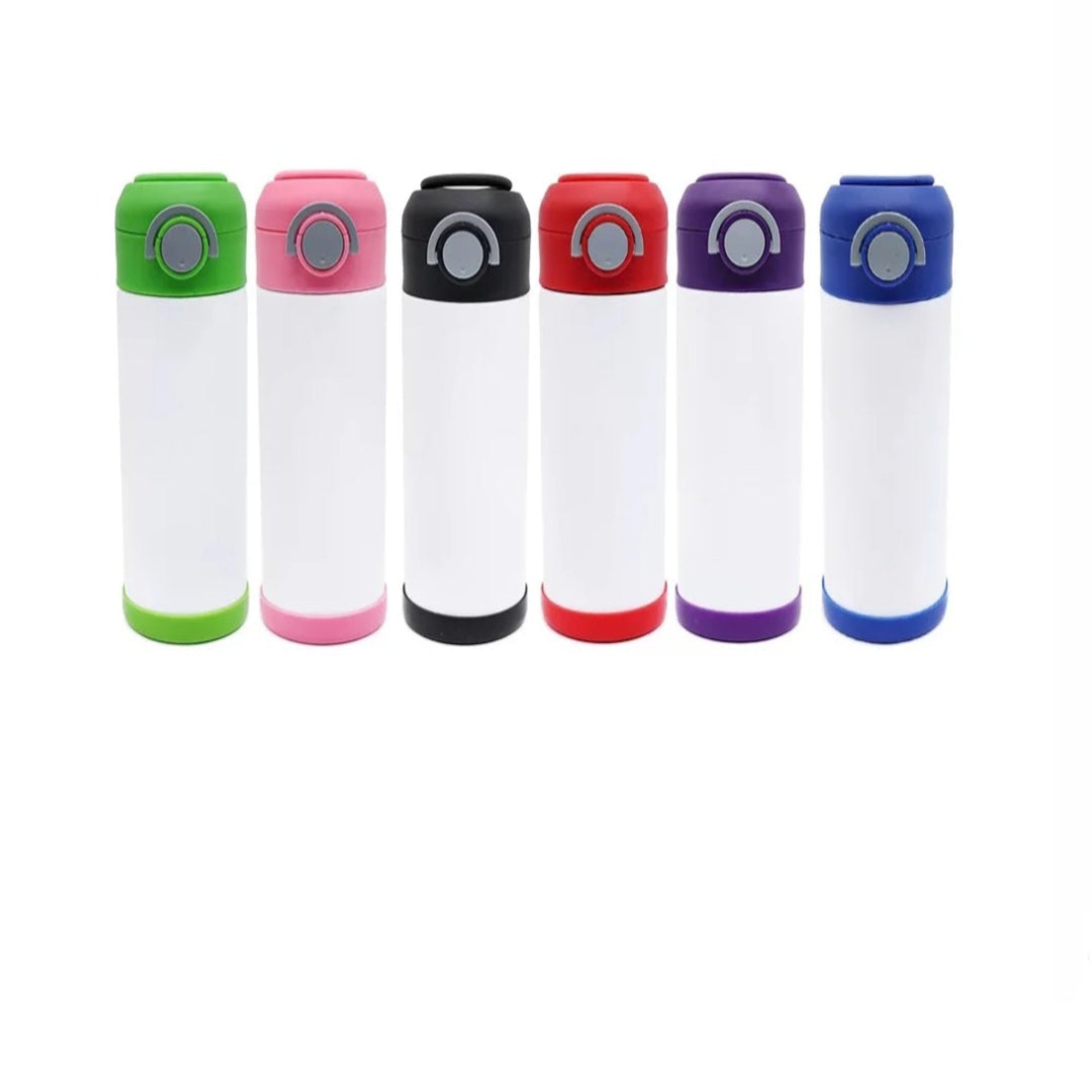 Six reusable insulated bottles with white bodies and colored caps and bases, shown in green, pink, black, red, purple, and blue on a white background.