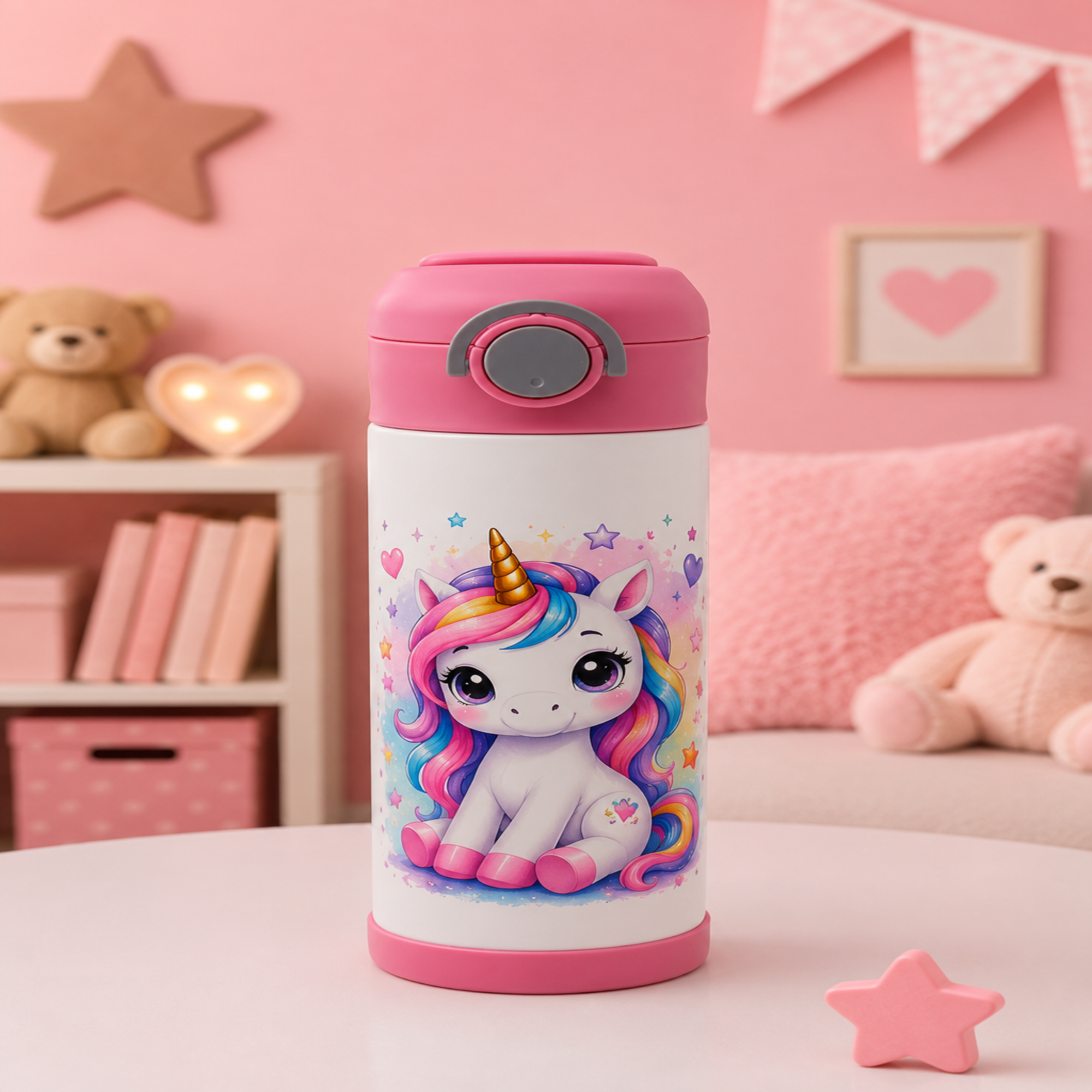 A pink and white insulated water bottle with a cartoon unicorn illustration, set on a white table in a pink children's bedroom background.