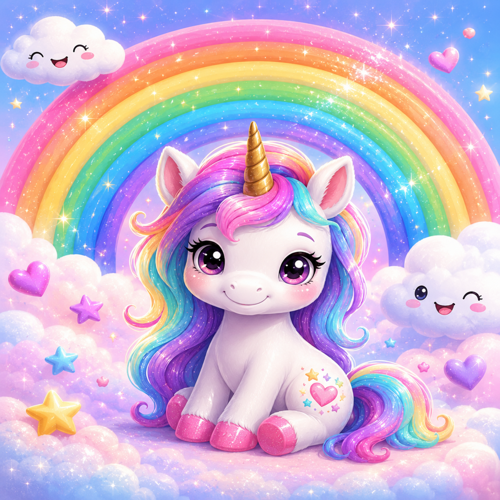 A cute pastel cartoon unicorn with a gold horn, pink hooves, and a rainbow-colored mane and tail, sitting in clouds with a large rainbow and smiling clouds behind it.