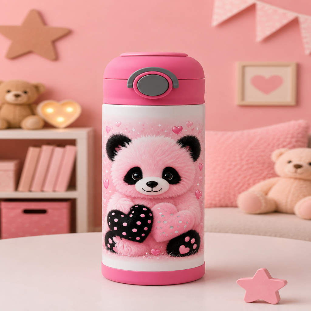 A pink and white insulated water bottle with a cute cartoon panda design, set on a white table in a pink-themed room with teddy bears and star decorations.