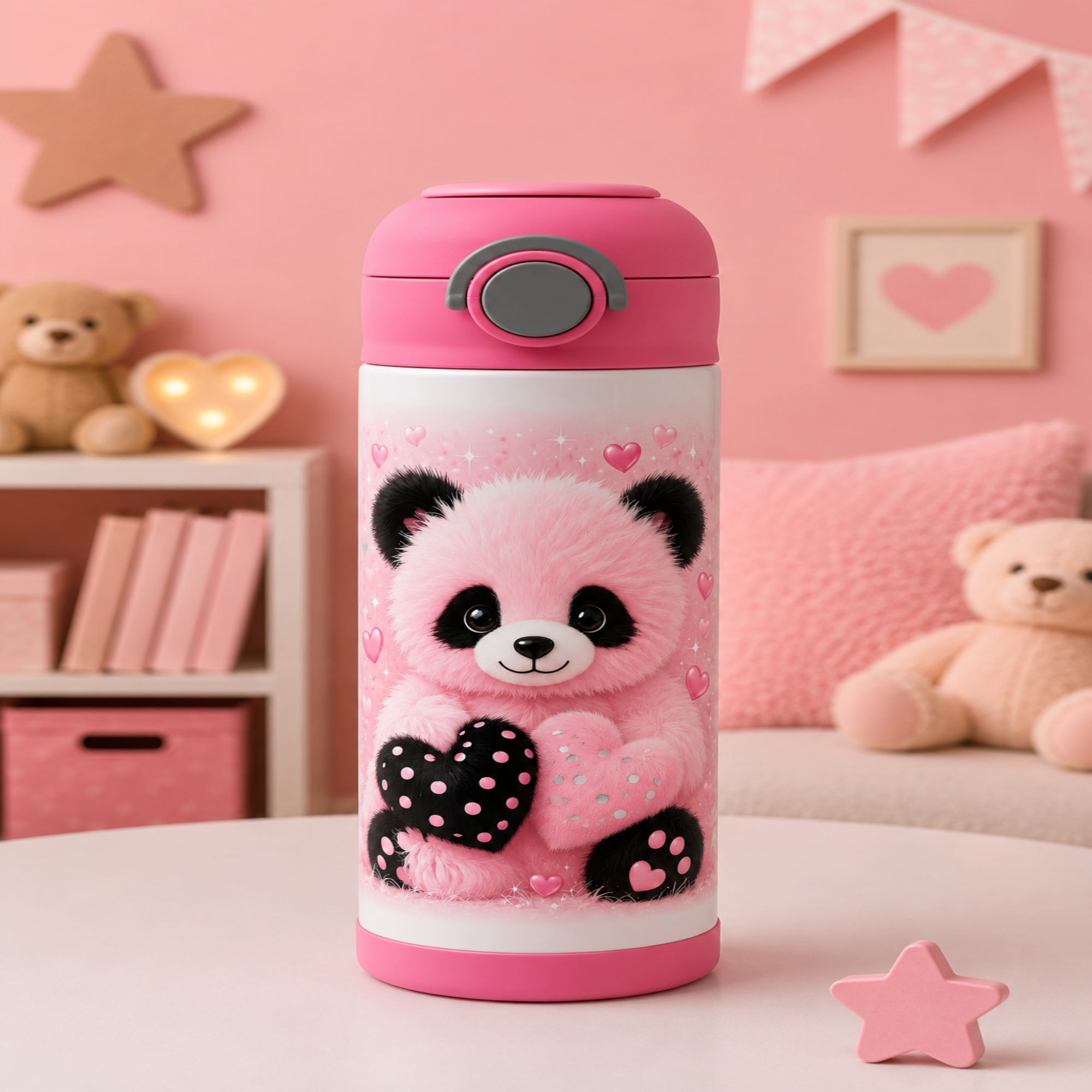 A pink and white insulated water bottle with a cute cartoon panda design, set on a white table in a pink-themed room with teddy bears and star decorations.