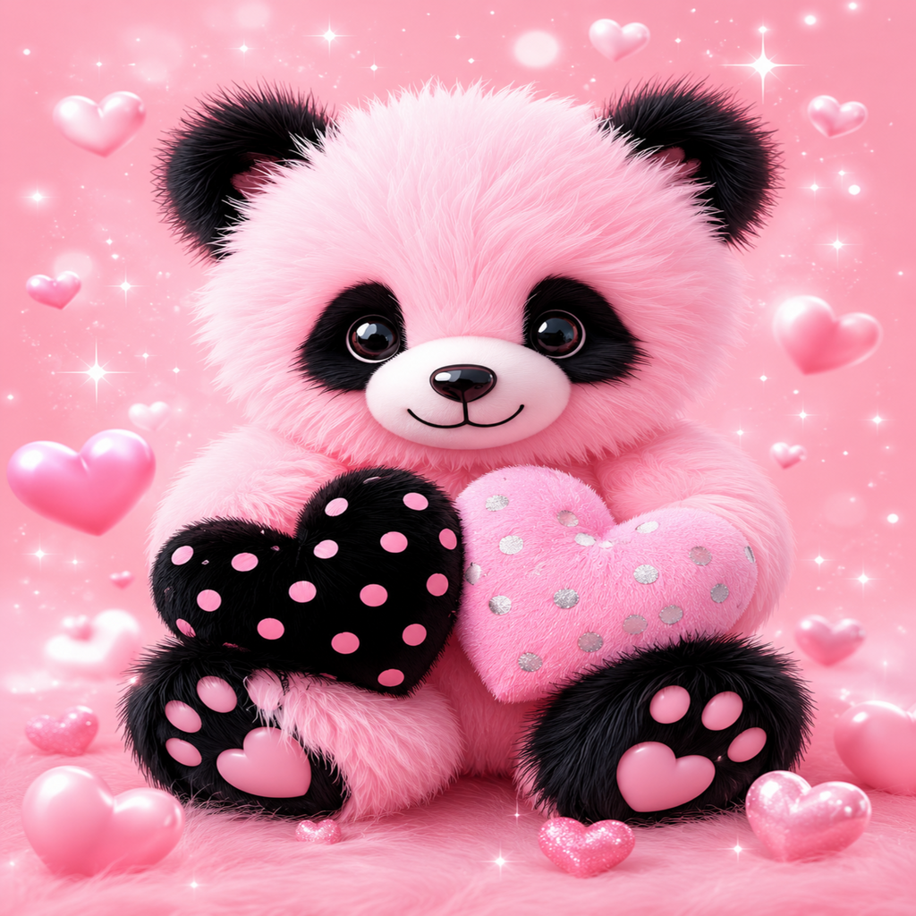 A pink plush panda toy holding two hearts, one black with pink polka dots and one pink with silver dots, set against a sparkling pink background with floating hearts.