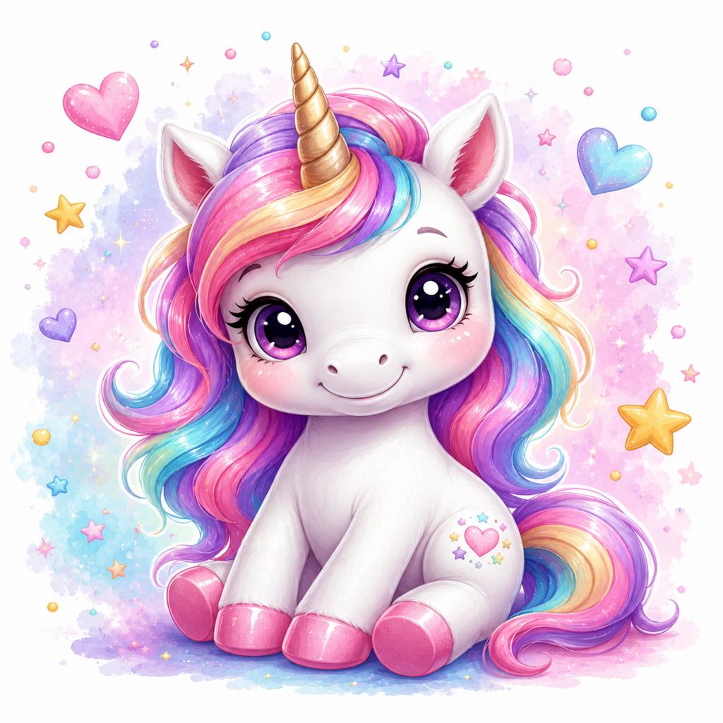 A cute cartoon unicorn with a white body, large purple eyes, and a long wavy rainbow mane and tail, sitting on a pastel watercolor background with stars and hearts.