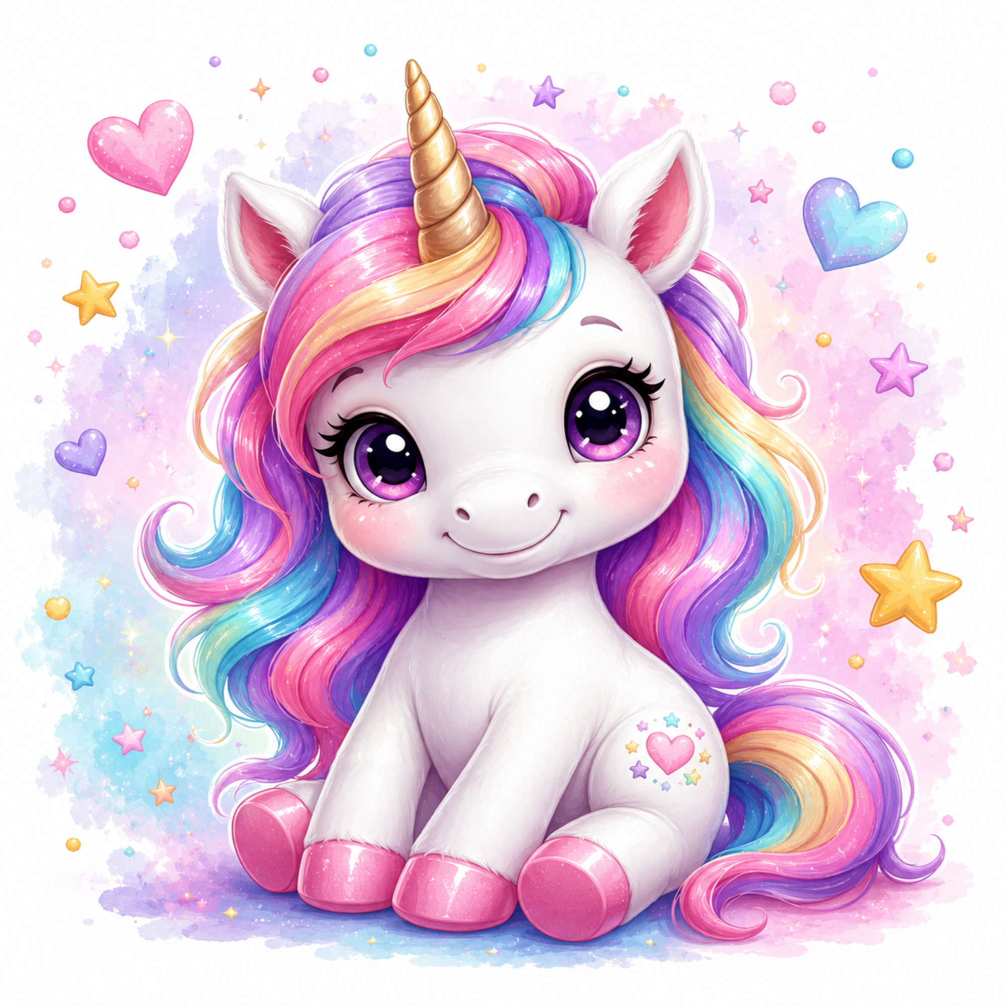 A cute cartoon unicorn with a white body, large purple eyes, and a long wavy rainbow mane and tail, sitting on a pastel watercolor background with stars and hearts.