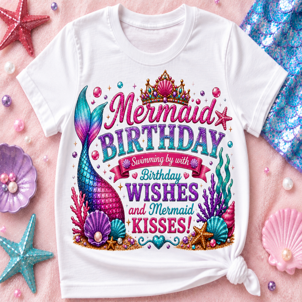 A white kids' short-sleeve t-shirt with a colorful mermaid-themed birthday graphic, styled in a flat lay on a pink background with seashells, starfish, and a blue sequined fabric.