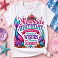 A white kids' short-sleeve t-shirt with a colorful mermaid-themed birthday graphic, styled in a flat lay on a pink background with seashells, starfish, and a blue sequined fabric.