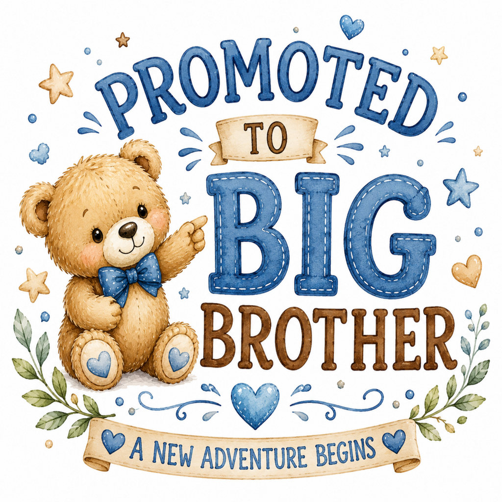 A watercolor-style graphic celebrating a child's promotion to big brother, featuring a cute brown teddy bear with a blue bow tie, blue and brown lettering, stars, leaves, and banners on a white background.