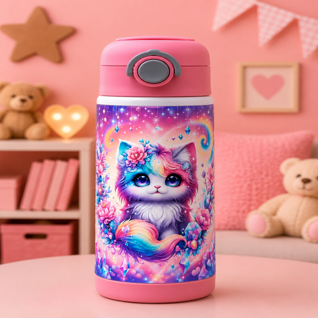 A pink insulated water bottle with a flip-top lid stands on a pink table in a styled room. The bottle features a colorful fantasy illustration of a fluffy cat with a floral crown and rainbow tail against a starry cosmic background.