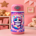 A pink insulated water bottle with a flip-top lid stands on a pink table in a styled room. The bottle features a colorful fantasy illustration of a fluffy cat with a floral crown and rainbow tail against a starry cosmic background.