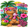 A colorful cartoon beach scene with a brown bear wearing pink heart-shaped sunglasses and a tropical floral shirt, holding a pink drink. Palm trees, hibiscus flowers, a coconut cocktail, leopard-print flip-flops, a starfish, and signs reading 'Chill Relax Be Happy' surround the bear.