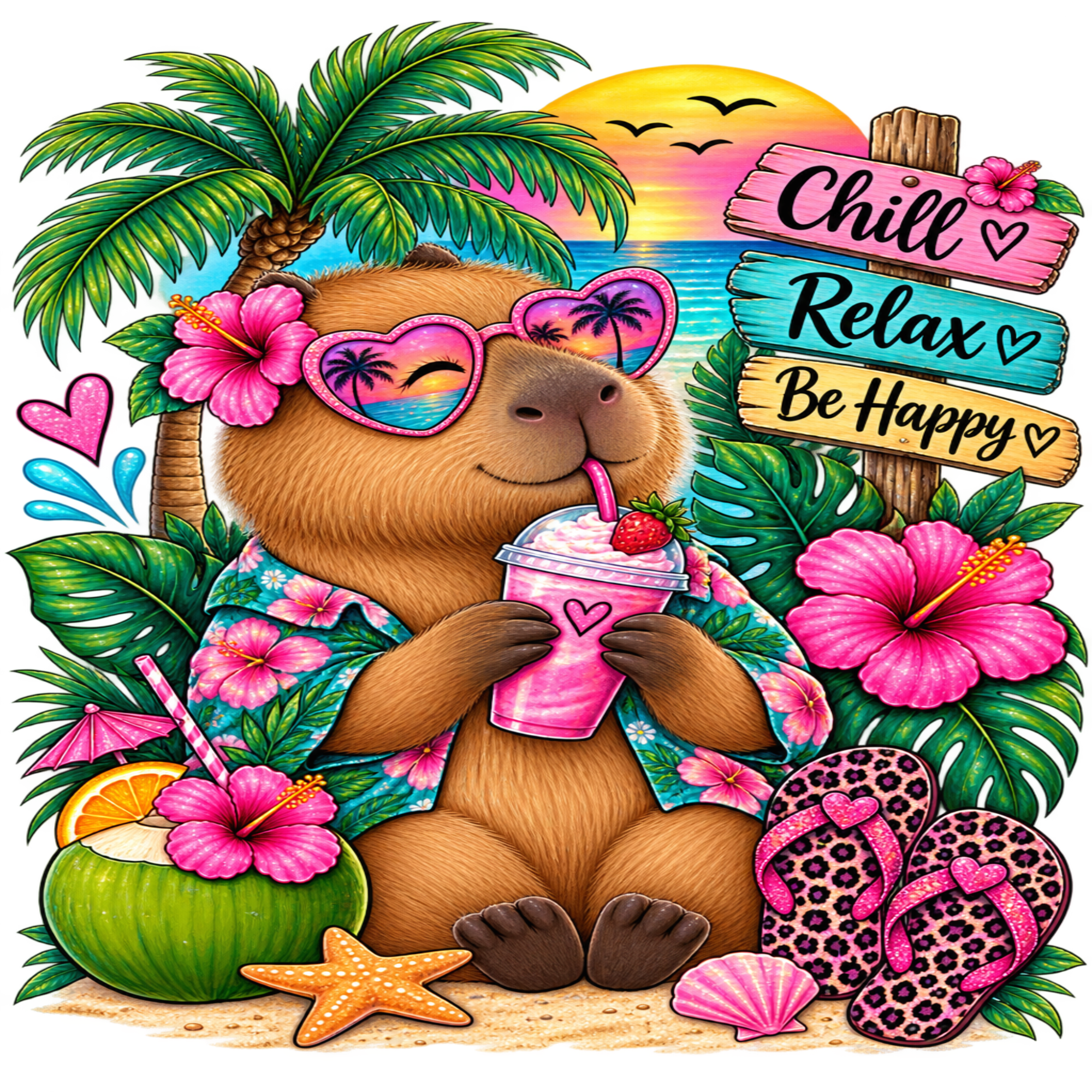 A colorful cartoon beach scene with a brown bear wearing pink heart-shaped sunglasses and a tropical floral shirt, holding a pink drink. Palm trees, hibiscus flowers, a coconut cocktail, leopard-print flip-flops, a starfish, and signs reading 'Chill Relax Be Happy' surround the bear.
