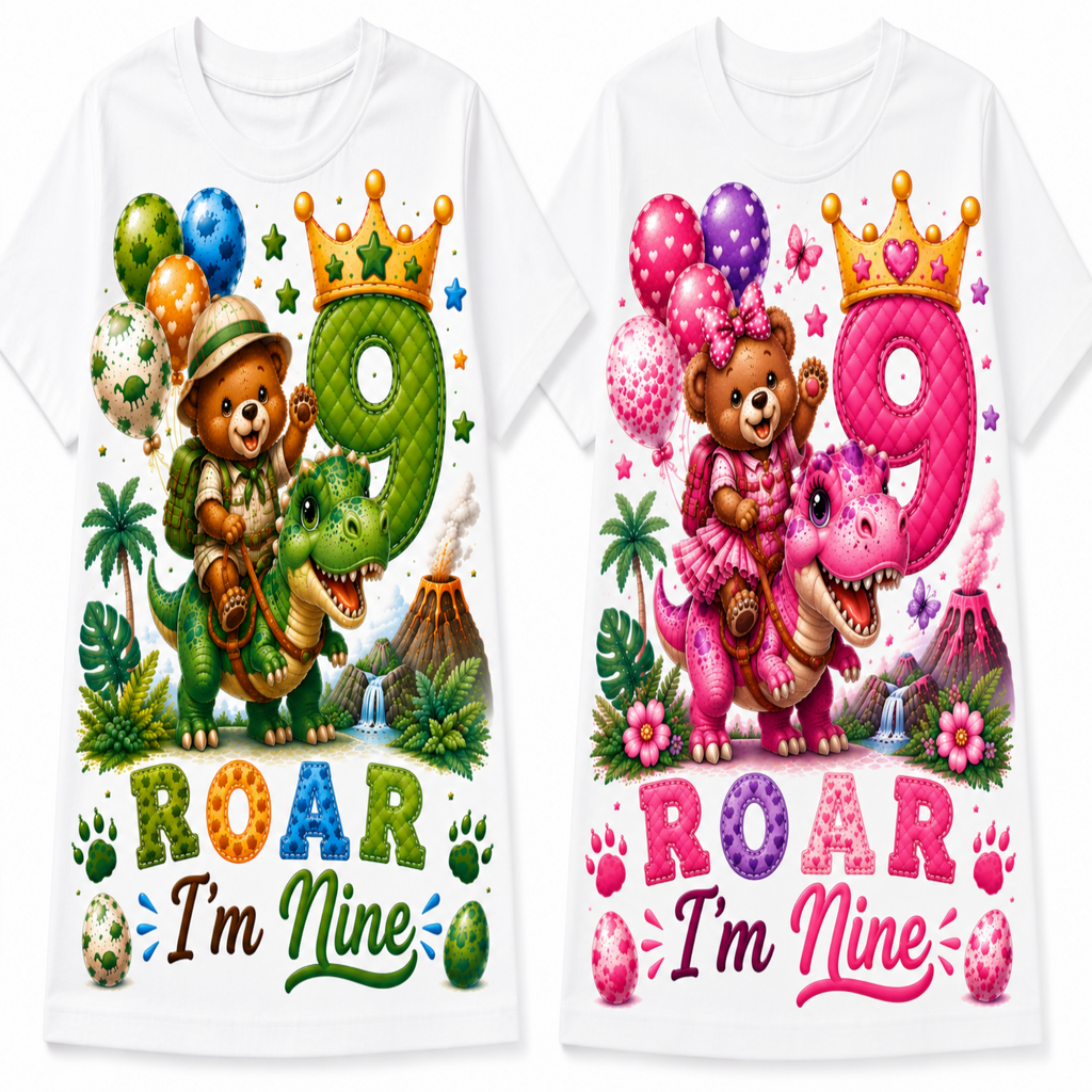 Two white short-sleeve T-shirts shown side by side, each with a colorful cartoon birthday graphic. The left shirt features a green dinosaur and bear with a green number 9 and the text 'ROAR I'm Nine'.