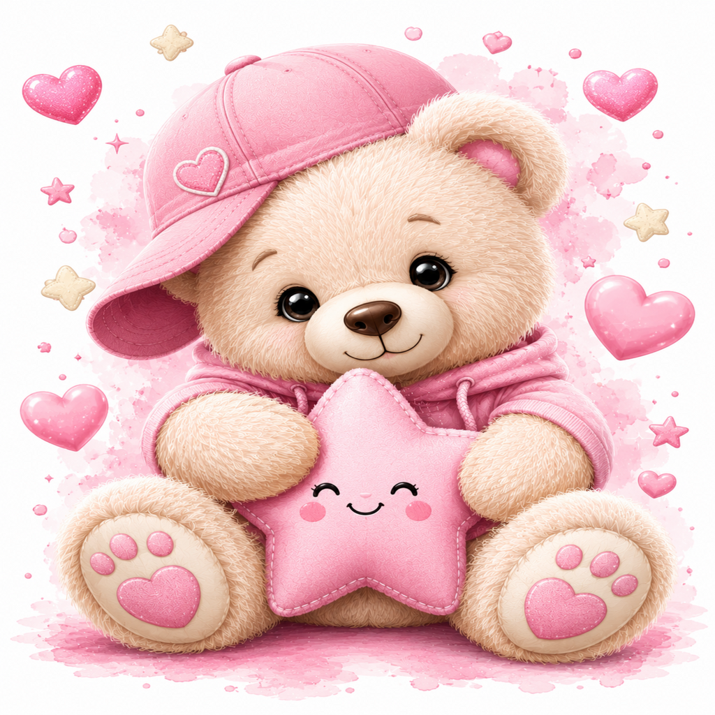 A cute cartoon teddy bear wearing a pink cap and pink hoodie, holding a pink star-shaped pillow, surrounded by floating pink hearts and stars on a white background.