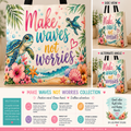 A tote bag with a colorful tropical design featuring a sea turtle, hibiscus flowers, and the text 'Make waves not worries' shown in a collage with side and alternate angle views, plus marketing text and icons below.