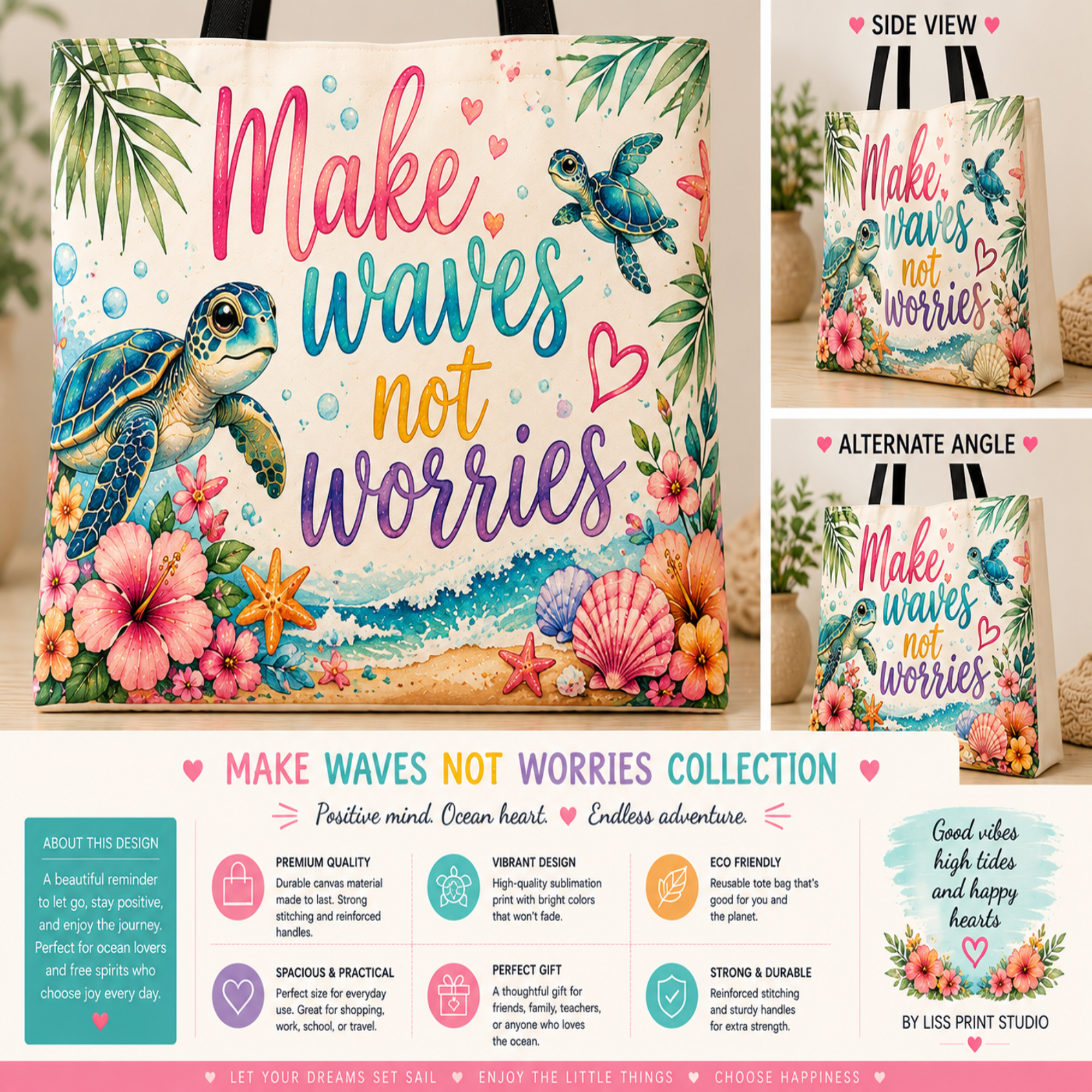A tote bag with a colorful tropical design featuring a sea turtle, hibiscus flowers, and the text 'Make waves not worries' shown in a collage with side and alternate angle views, plus marketing text and icons below.