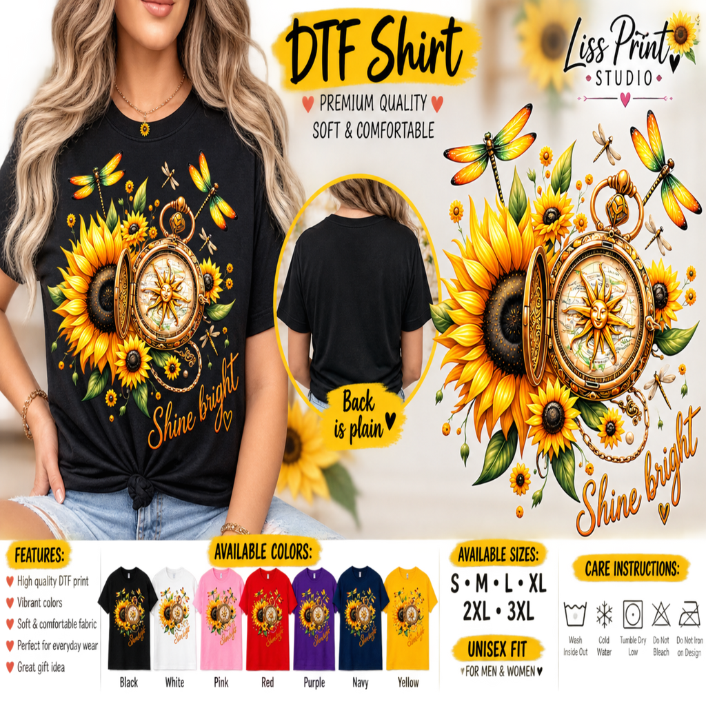 A promotional graphic for a DTF (Direct to Film) t-shirt by Liss Print Studio. The image features a model wearing a black t-shirt with a detailed sunflower and pocket watch graphic, alongside a circular inset showing the plain black back of the shirt.