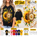 A promotional graphic for a DTF (Direct to Film) t-shirt by Liss Print Studio. The image features a model wearing a black t-shirt with a detailed sunflower and pocket watch graphic, alongside a circular inset showing the plain black back of the shirt.