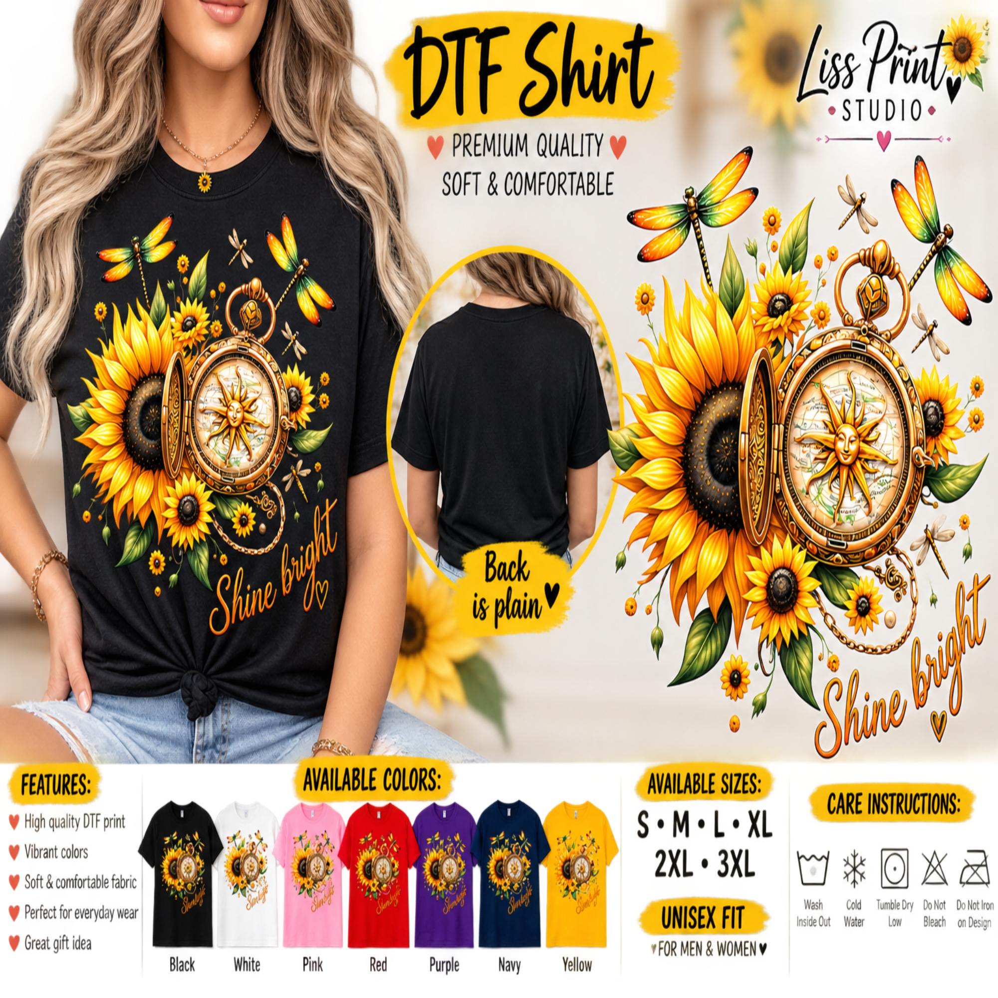 A promotional graphic for a DTF (Direct to Film) t-shirt by Liss Print Studio. The image features a model wearing a black t-shirt with a detailed sunflower and pocket watch graphic, alongside a circular inset showing the plain black back of the shirt.