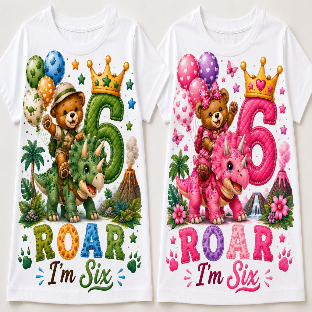 Two white short-sleeve T-shirts shown side by side, each printed with a colorful dinosaur-themed '6 Roar I'm Six' graphic featuring cartoon bears, balloons, stars, and jungle elements.
