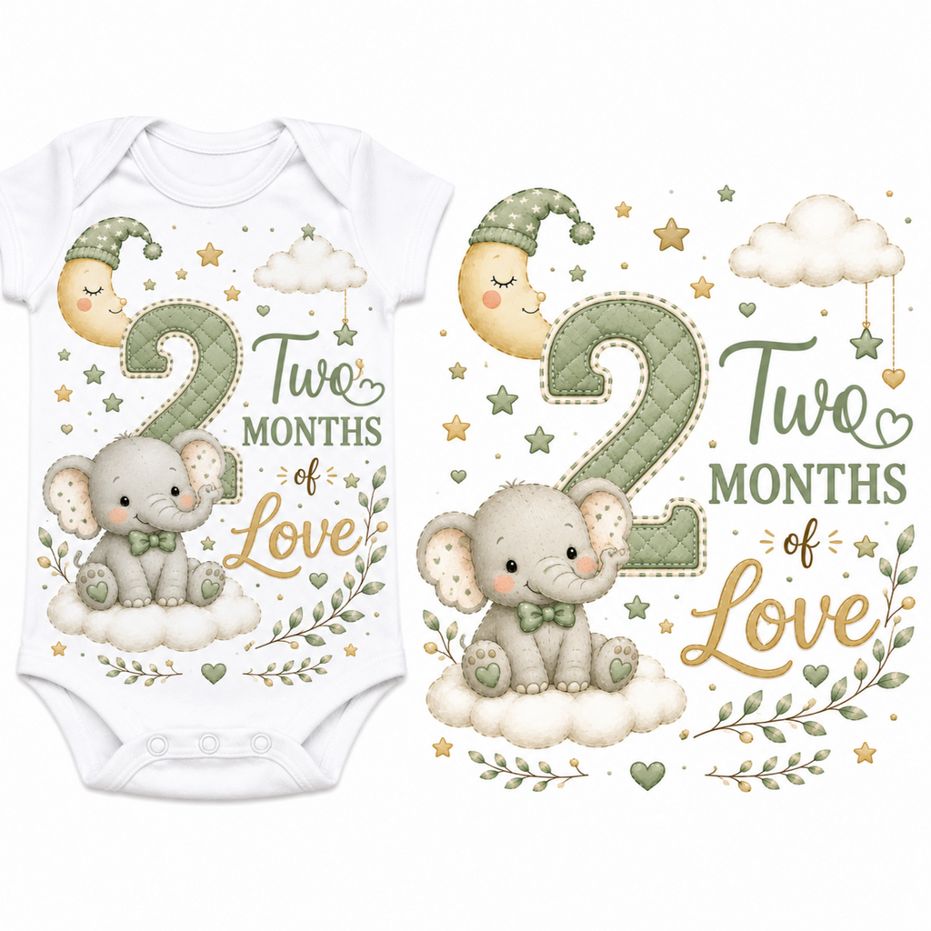 White baby bodysuit with a two-month-themed elephant graphic, shown alongside a flat view of the printed design. The design features a large number 2, the words 'Two Months of Love,' a sleeping moon, stars, leaves, and a gray elephant on a cloud.