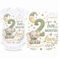 White baby bodysuit with a two-month-themed elephant graphic, shown alongside a flat view of the printed design. The design features a large number 2, the words 'Two Months of Love,' a sleeping moon, stars, leaves, and a gray elephant on a cloud.