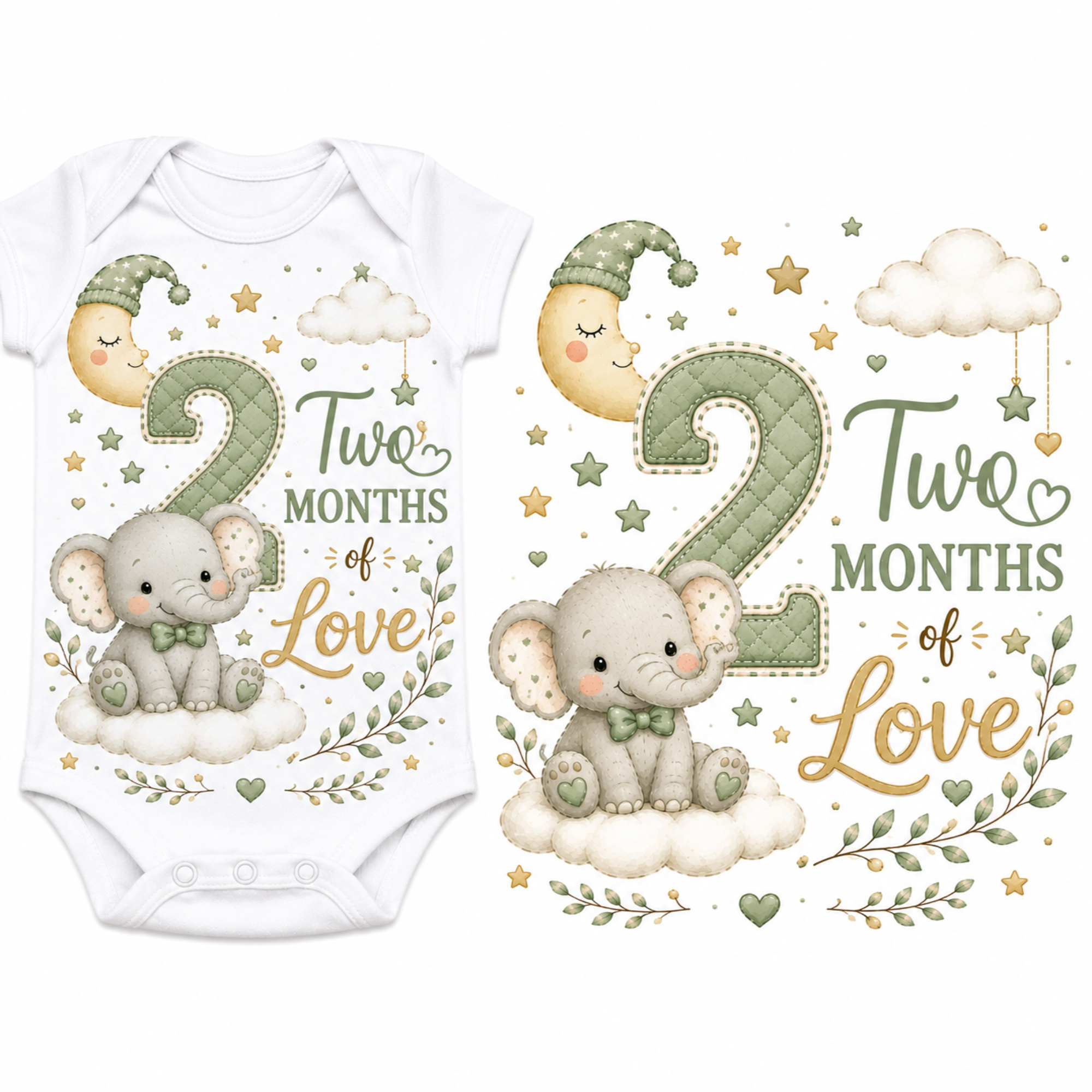 White baby bodysuit with a two-month-themed elephant graphic, shown alongside a flat view of the printed design. The design features a large number 2, the words 'Two Months of Love,' a sleeping moon, stars, leaves, and a gray elephant on a cloud.