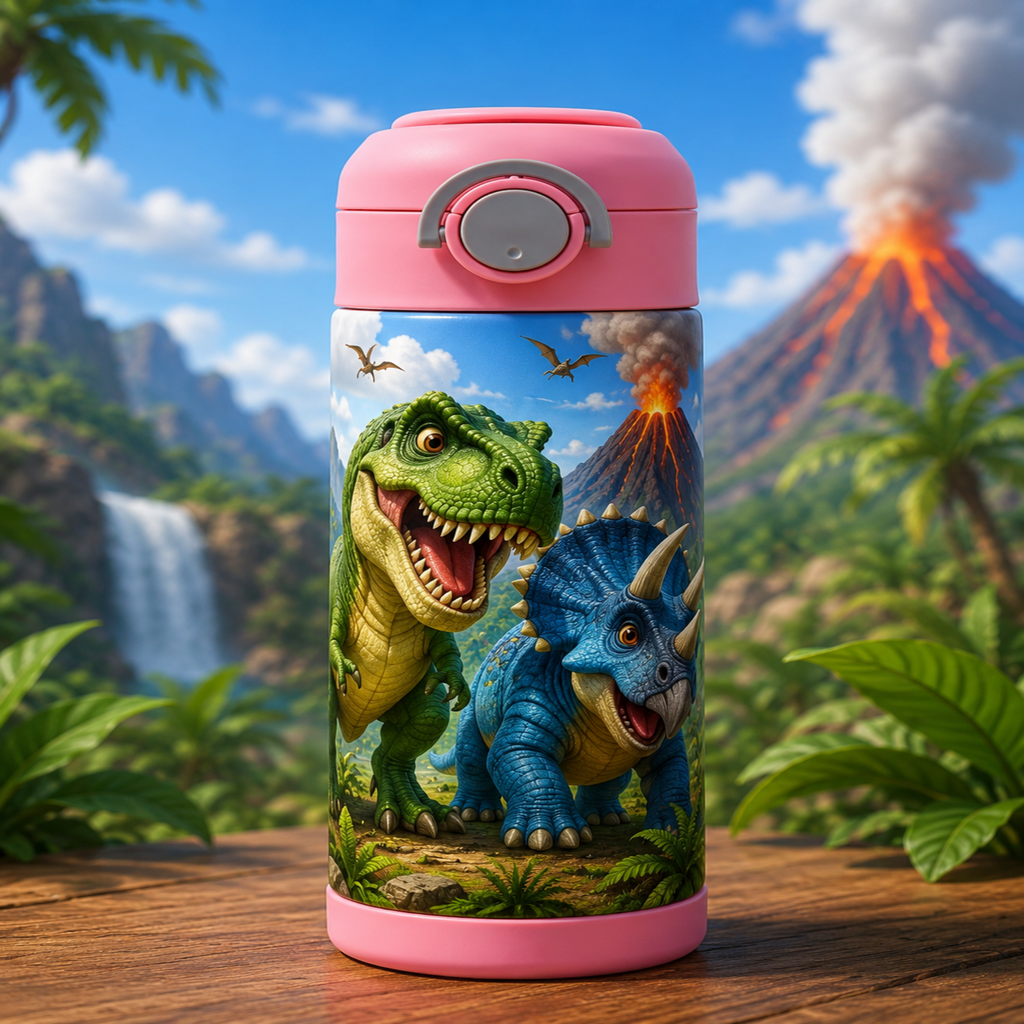 A pink insulated water bottle with a dinosaur illustration, standing on a wooden surface with a blurred prehistoric landscape background featuring mountains, palm trees, and an erupting volcano.