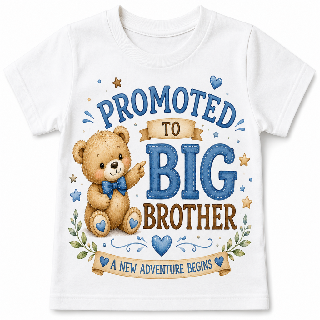 A white short-sleeve baby t-shirt featuring a colorful graphic print that reads 'PROMOTED TO BIG BROTHER' with a cute cartoon teddy bear wearing a blue bow tie, stars, hearts, and banners.