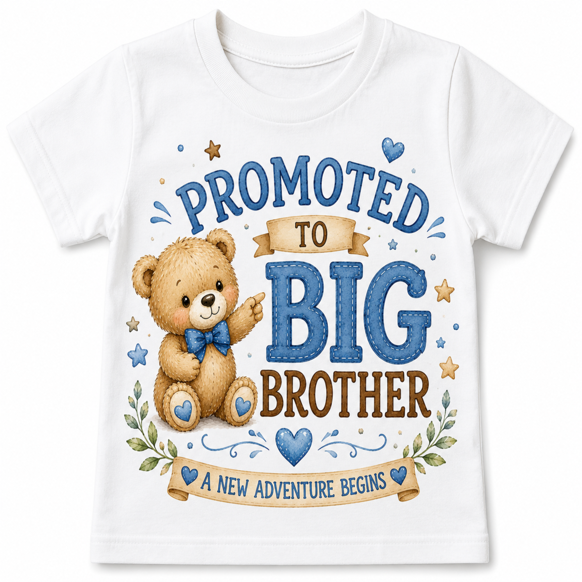 A white short-sleeve baby t-shirt featuring a colorful graphic print that reads 'PROMOTED TO BIG BROTHER' with a cute cartoon teddy bear wearing a blue bow tie, stars, hearts, and banners.