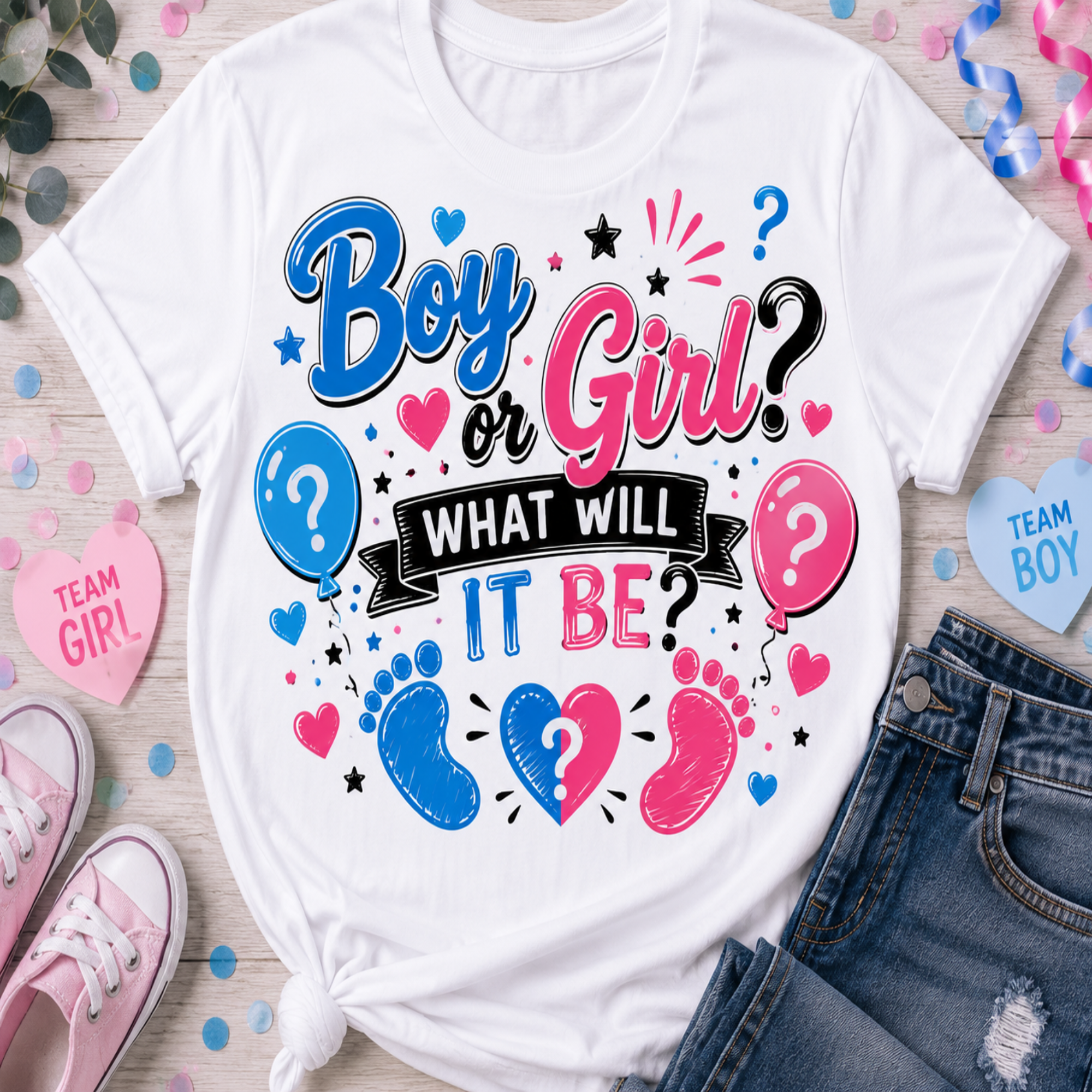 A white graphic T-shirt laid flat on a light wood surface with pink and blue baby-themed props. The shirt reads “Boy or Girl? WHAT WILL IT BE?” in blue, pink, and black lettering, with balloons, hearts, stars, question marks, and baby footprints.