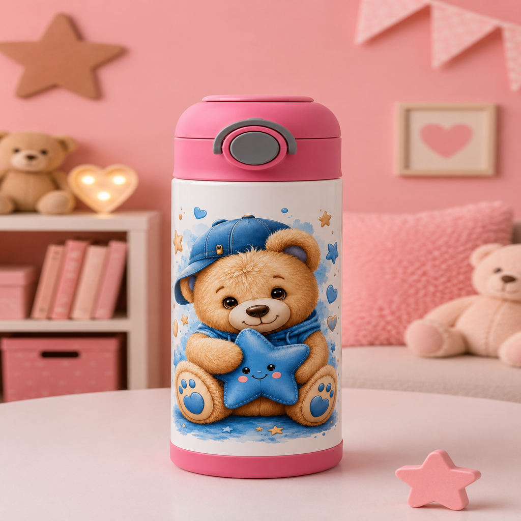 A pink and white insulated water bottle with a cute cartoon teddy bear holding a blue star, set against a cozy pink room background with teddy bears and shelves.