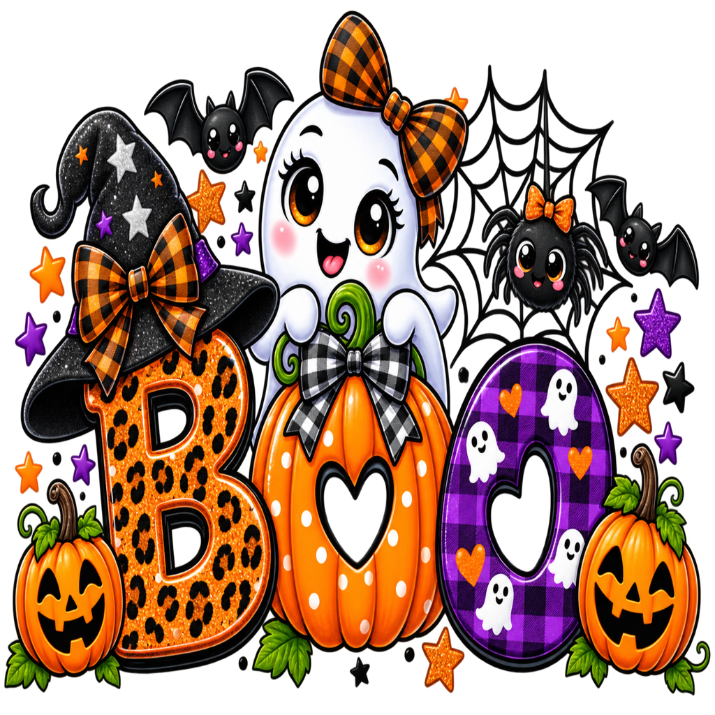 Halloween-themed decorative graphic with the word 'BOO' in large letters, a smiling ghost character, pumpkins, bats, spider, web, stars, and plaid accents on a black background.