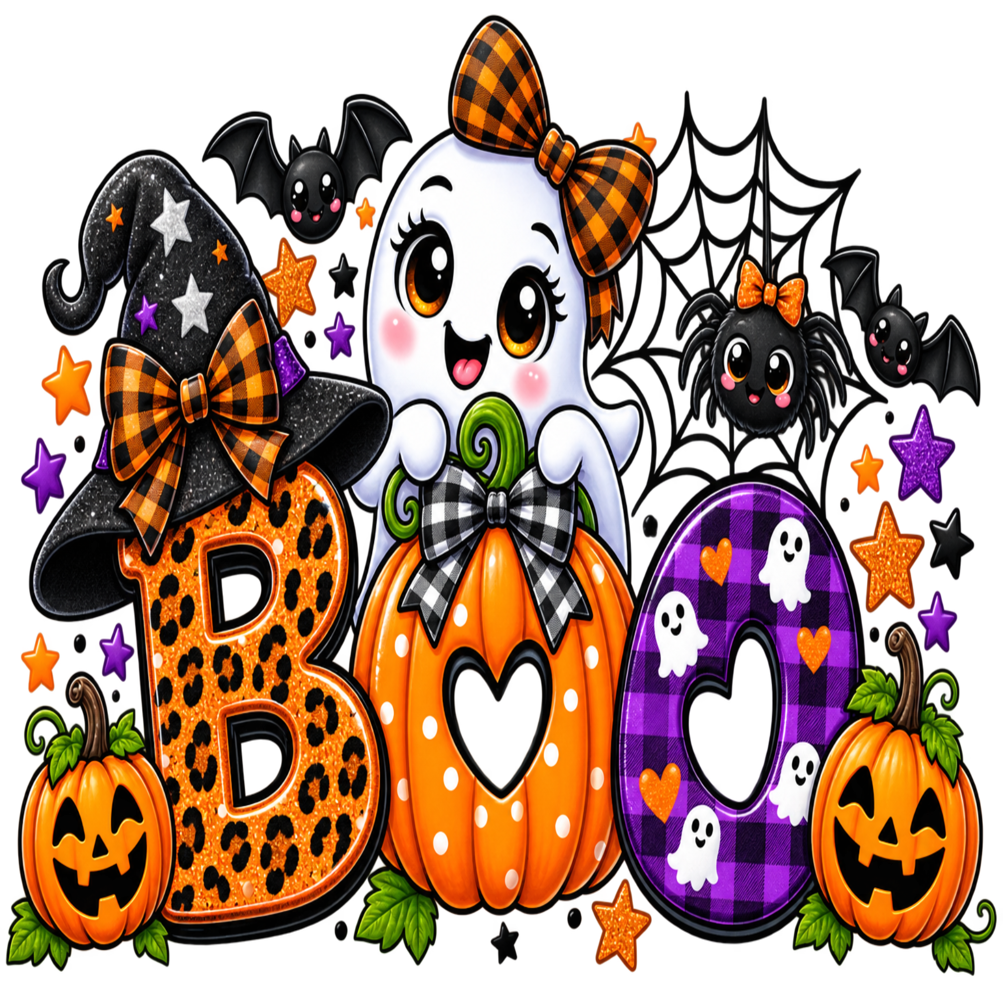 Halloween-themed decorative graphic with the word 'BOO' in large letters, a smiling ghost character, pumpkins, bats, spider, web, stars, and plaid accents on a black background.
