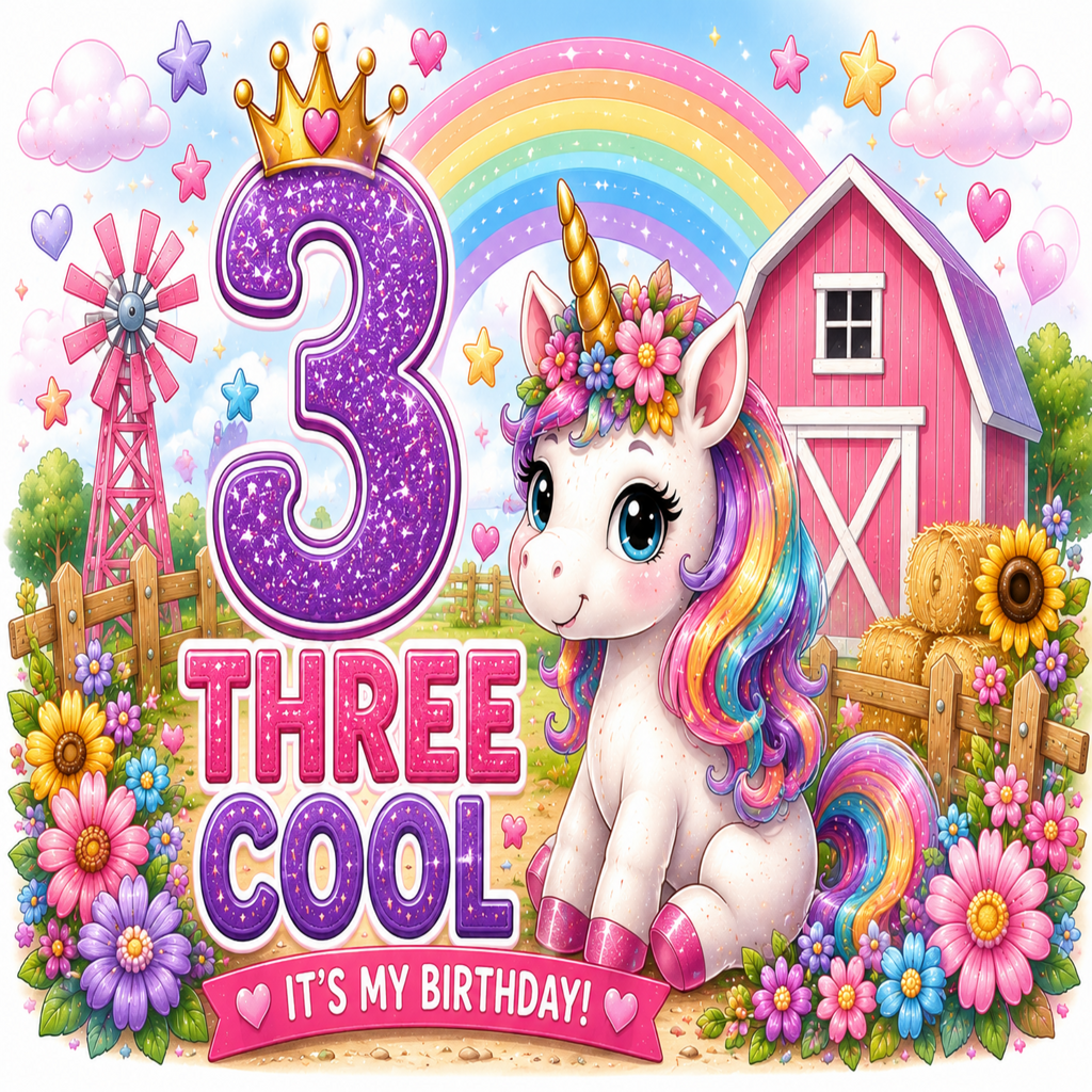 A colorful children's birthday graphic featuring a white unicorn with a rainbow mane, a large glittery purple number 3, the words 'THREE COOL', and a banner reading 'IT'S MY BIRTHDAY!'. The scene includes a pink barn, rainbow, flowers, stars, and a windmill in a playful farm-themed illustration.