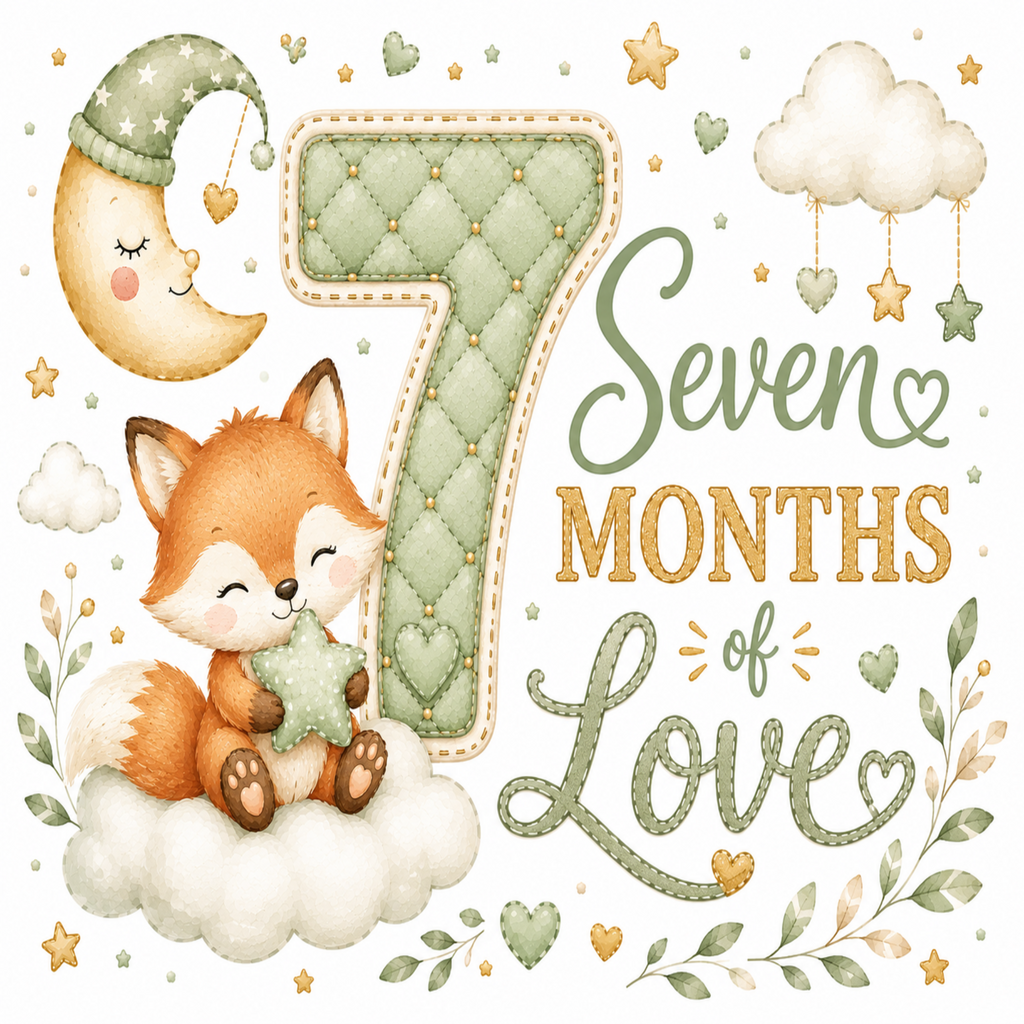 A decorative baby milestone design featuring a large quilted number 7, the words 'Seven Months of Love,' a sleeping fox on a cloud, a crescent moon in a nightcap, stars, hearts, and leafy accents on a white background.