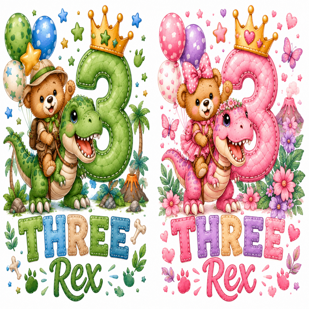 Two cartoon-style birthday graphic designs for a child turning three, each showing a teddy bear riding a dinosaur beside a large number 3. The left design features a green dinosaur and green outfit details, while the right design features a pink dinosaur and pink outfit details.
