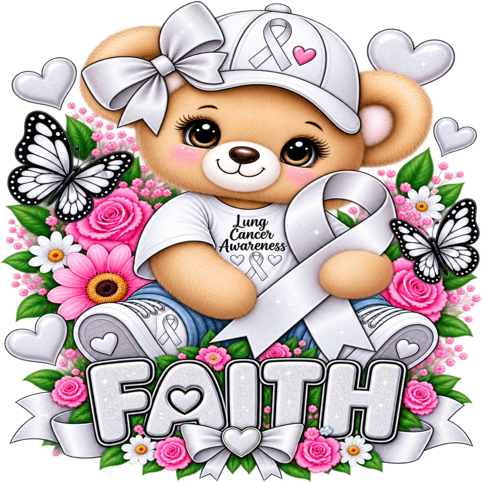 A cartoon teddy bear wearing a white awareness cap and shirt with a large white ribbon, surrounded by pink roses, white daisies, butterflies, hearts, and the word FAITH at the bottom.