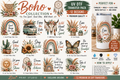 A promotional collage for a 'Boho Collection' UV DTF transfer pack by Liss Print Studio, showing 12 different bohemian-themed transfer designs (including dreamcatchers, sunflowers, cacti, and watercolor circles) alongside a mockup of a water bottle printed with one of the designs.