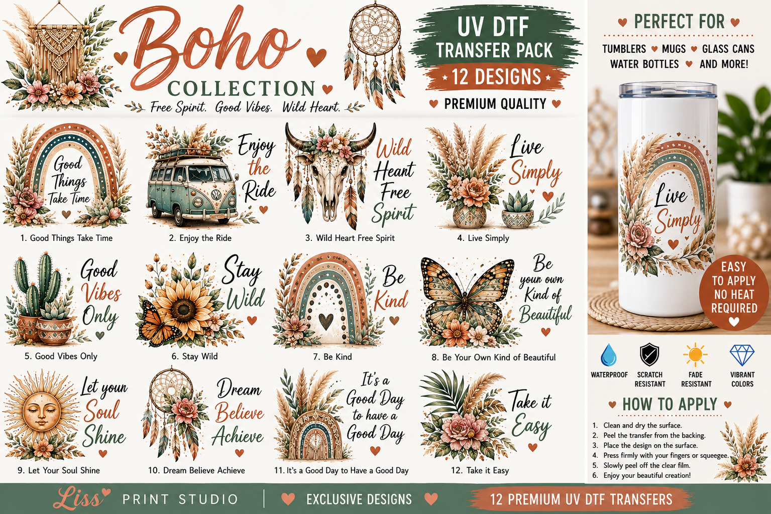 A promotional collage for a 'Boho Collection' UV DTF transfer pack by Liss Print Studio, showing 12 different bohemian-themed transfer designs (including dreamcatchers, sunflowers, cacti, and watercolor circles) alongside a mockup of a water bottle printed with one of the designs.