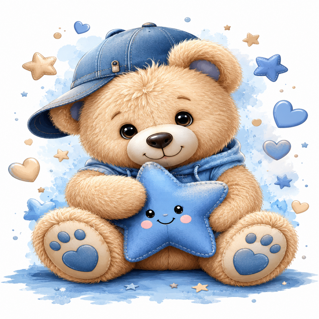 A cute cartoon teddy bear wearing a blue cap and blue hoodie, holding a blue star-shaped pillow, with blue hearts and stars on a white background.