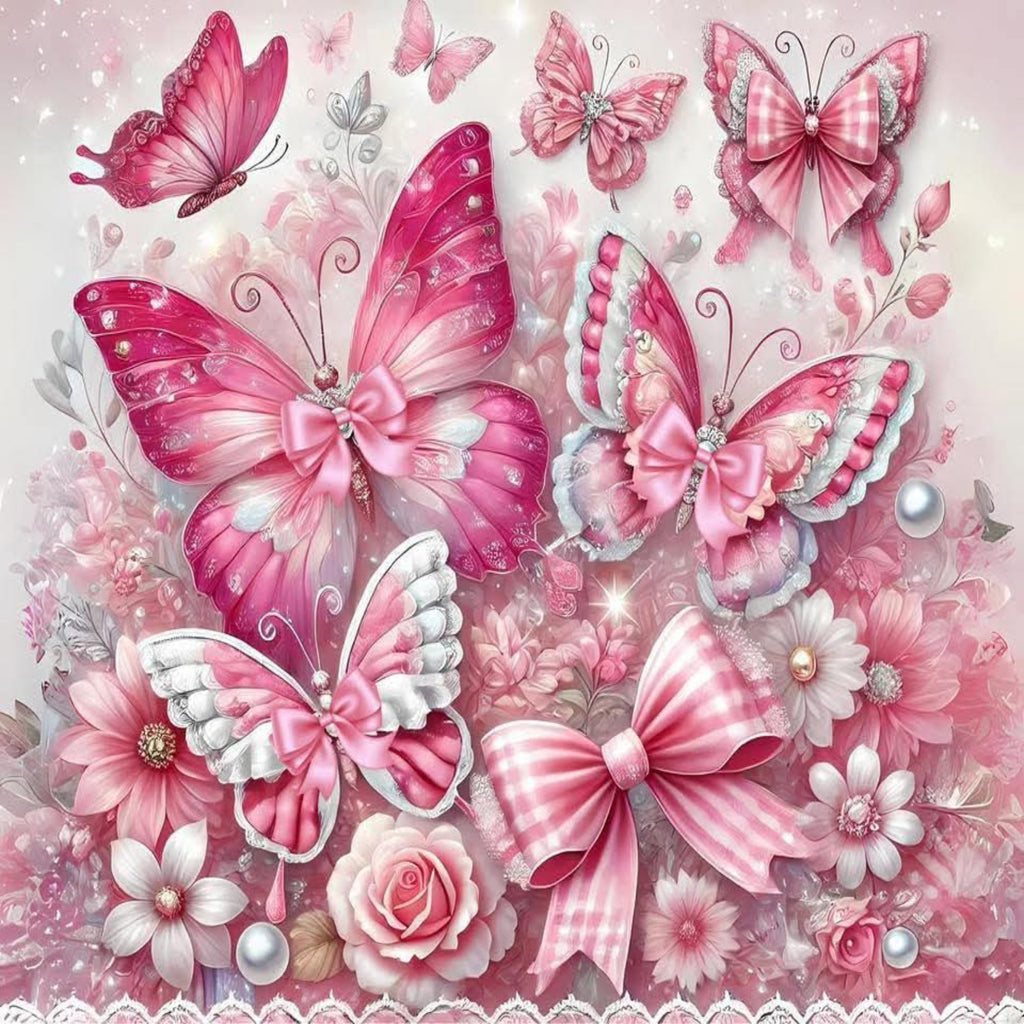 A pink-themed decorative graphic featuring multiple butterflies, bows, flowers, and pearls on a soft pastel background.