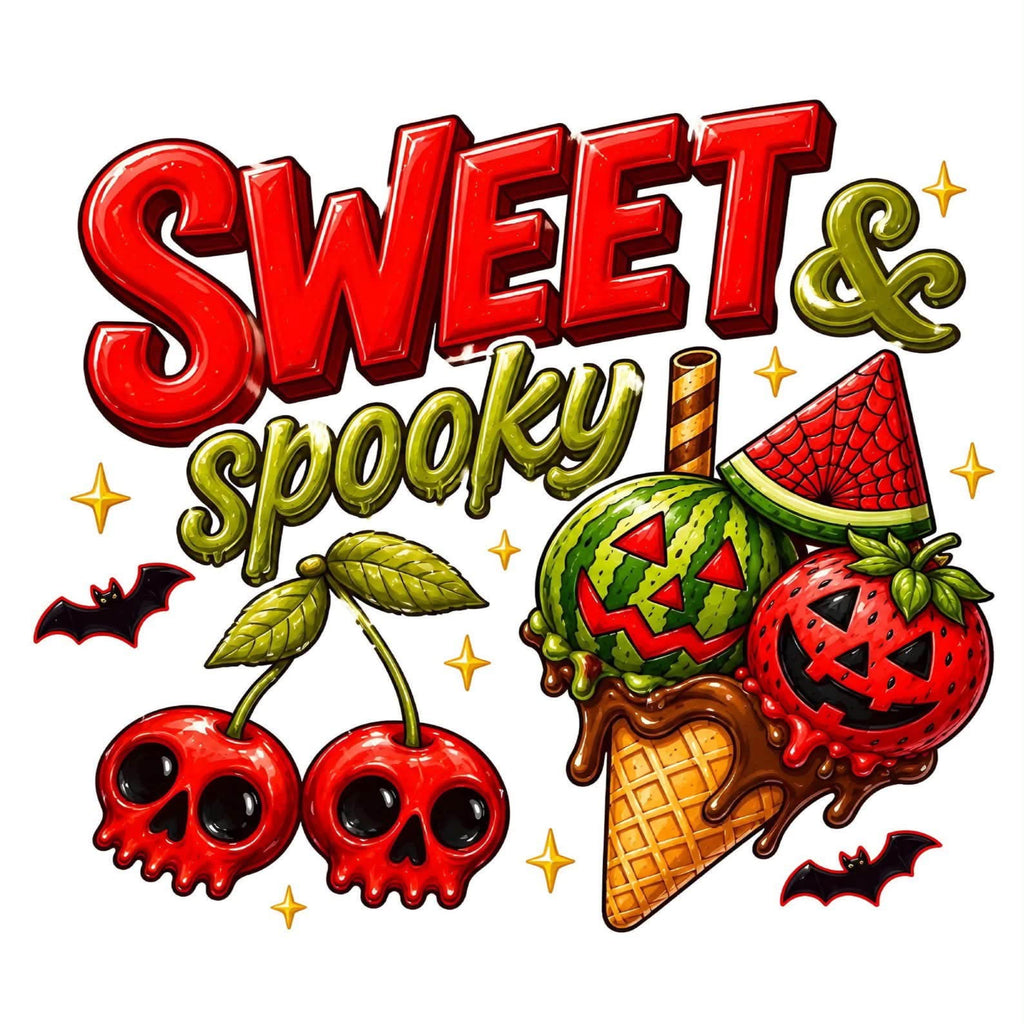 Halloween-themed graphic illustration reading 'SWEET & SPOKKY' in large red and green 3D-style letters, with cherries, a watermelon ice cream cone, a jack-o'-lantern strawberry, bats, and gold stars on a white background.