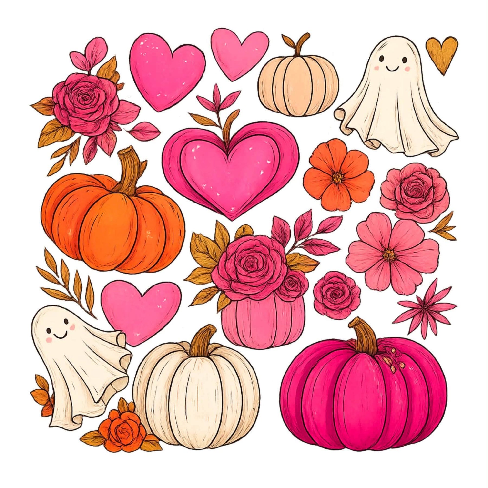 A collection of cute, hand-drawn autumn and Halloween illustrations on a white background, including pumpkins, hearts, flowers, and smiling ghosts.