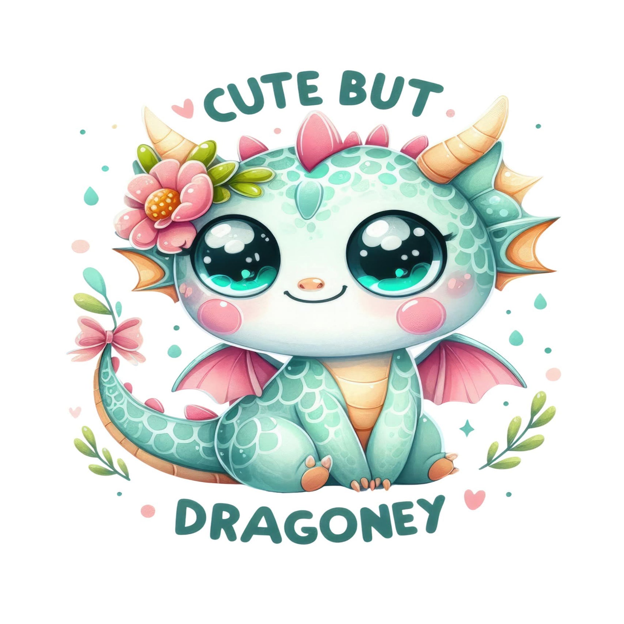 A cute cartoon dragon illustration with large sparkling eyes, pink wings, teal scales, and flowers on its head, with the words 'CUTE BUT DRAGONEY' on a white background.