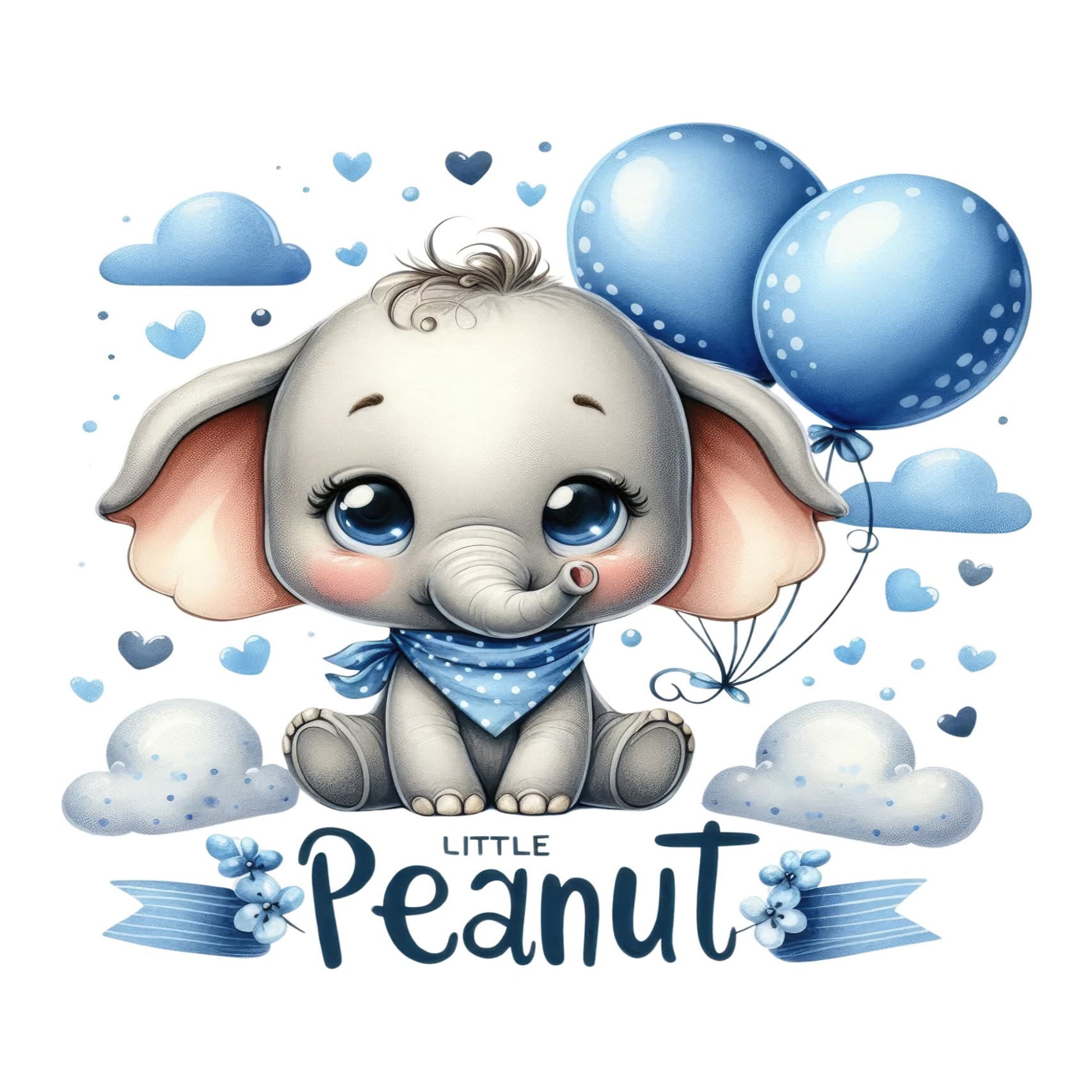A cute cartoon elephant sitting with blue balloons, clouds, hearts, and the text 'Little Peanut' on a white background.