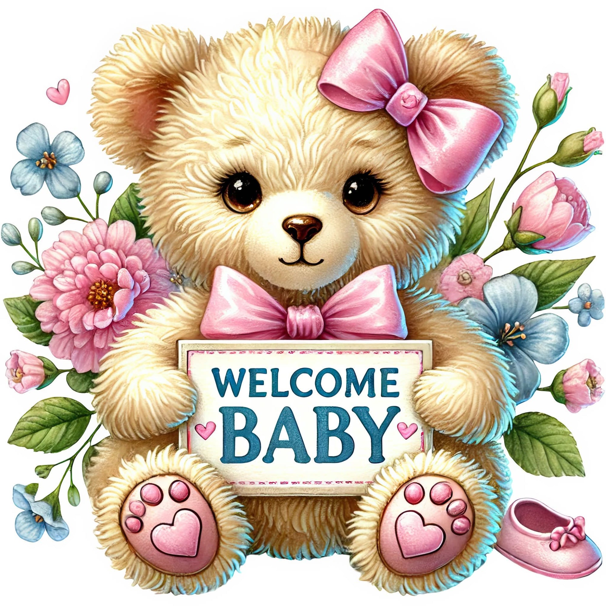 A cute illustrated cream teddy bear with a pink bow and a sign reading “WELCOME BABY,” surrounded by pink and blue flowers, green leaves, and a small pink shoe on a white background.