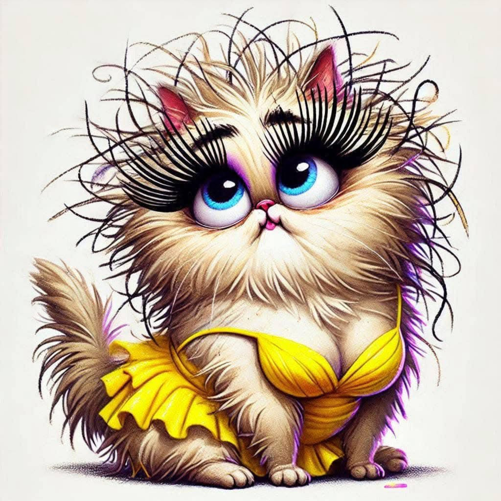 A stylized cartoon cat illustration with large blue eyes, long eyelashes, fluffy cream fur, and a yellow ruffled dress on a plain light background.