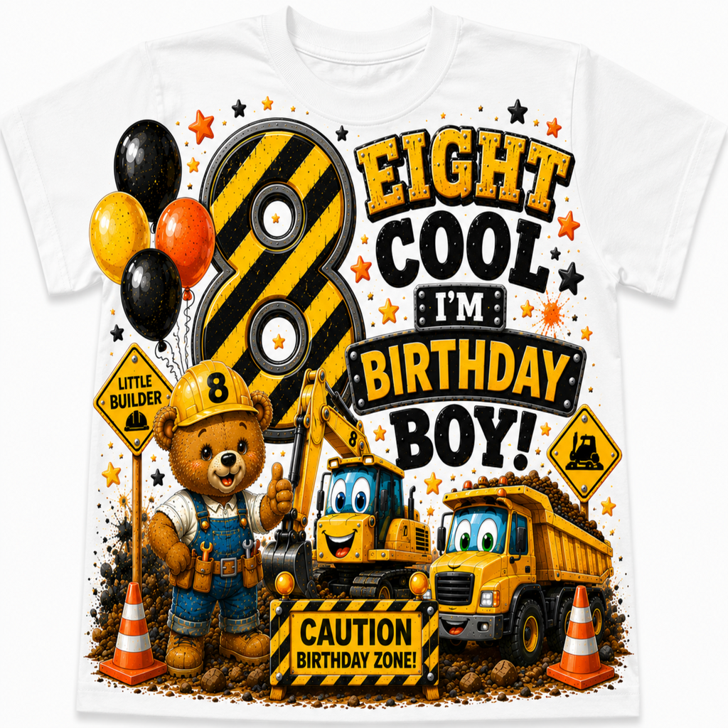 A white short-sleeve t-shirt featuring a colorful cartoon graphic for an 8th birthday. The design includes a teddy bear construction worker, a yellow excavator, a yellow dump truck, balloons, a large striped number 8, and text that reads 'EIGHT COOL I'M BIRTHDAY BOY!' with construction-themed signs and stars.